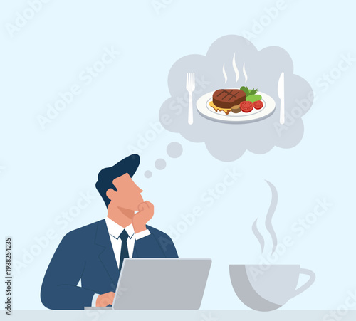 Businessman daydreaming about a hot meal at work, Lunch Break, Hungry Worker, Office Daydream, Craving Steak, Food Thoughts