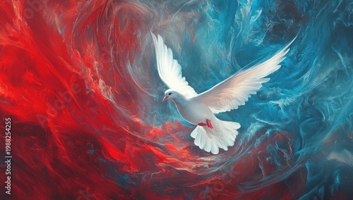 White Dove Flying in Red Blue Swirl.