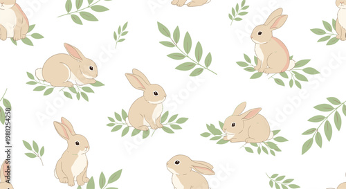 Seamless pattern of adorable light brown rabbits sitting among delicate green leaves on a clean white background.