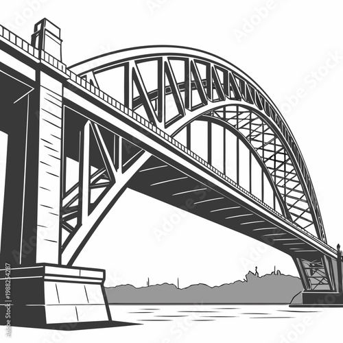 Black and white illustration of a large steel bridge with arched truss structure over water