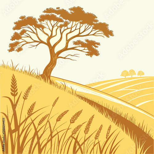 Vector illustration of a tree on a hillside with wheat and fields in a rural landscape