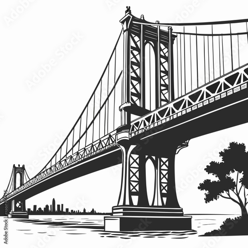 Canvas-taulu Black and white illustration of the manhattan bridge with city skyline and tree