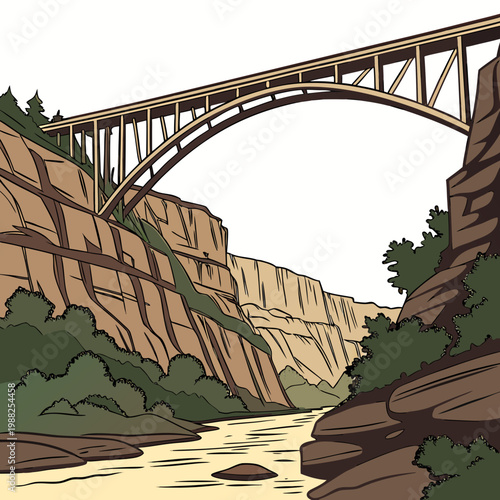 A large bridge arching over a river surrounded by rocky cliffs and greenery on both sides