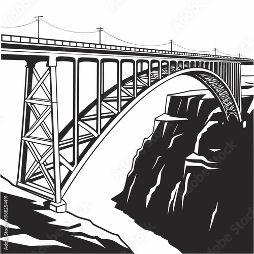 Black and white illustration of a large suspension bridge spanning a deep gorge or canyon with steep cliffs