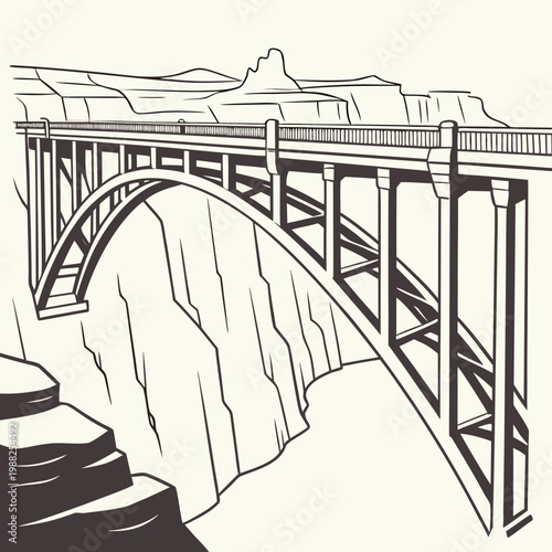 Vector illustration of a bridge over a deep gorge with stairs leading down