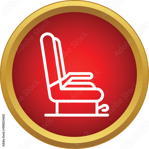 Airplane seat line art graphic on a red and gold circle