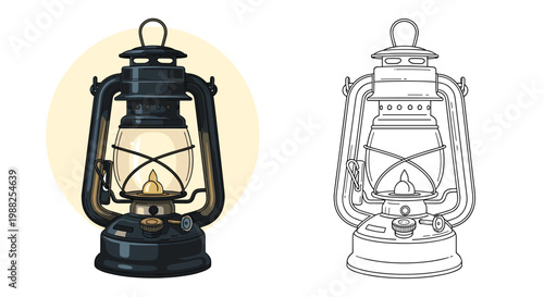 Classic metal lantern illustration shown in a colored version and a black and white outline for coloring pages.