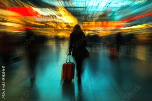 Woman Walking with Luggage in Airport Terminal.