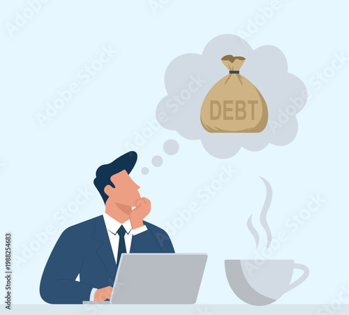 Stressed businessman at a desk with laptop and coffee, thinking about financial problems and loan burdens with a debt sack in a thought bubble, Financial Debt Burden, Business Loan Stress