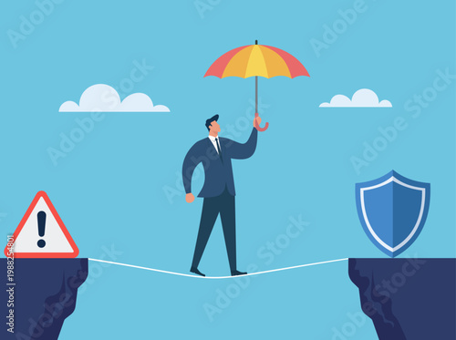 Businessman navigating a tightrope with an umbrella from a warning sign to a safety shield, symbolizing risk management and business survival, Business Risk Management