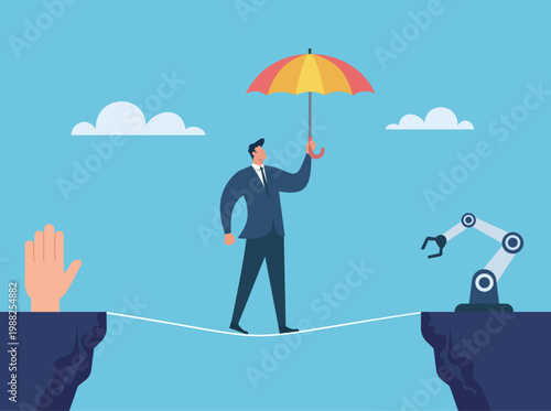 Businessman balancing on a tightrope with an umbrella, navigating the risky transition between human labor and robotic automation over a deep chasm, Balancing Human and AI Workforces