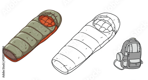 Camping gear illustration including a warm sleeping bag and a sturdy backpack in color and line art versions.
