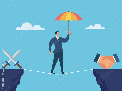 Businessman balancing on a tightrope with an umbrella, navigating the risky transition from conflict and swords towards a handshake and agreement, Navigating Business Risks