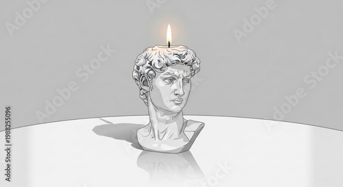 Bust of David candle classical sculpture with burning flame artistic concept for interior decor and creative design isolated on light backgr