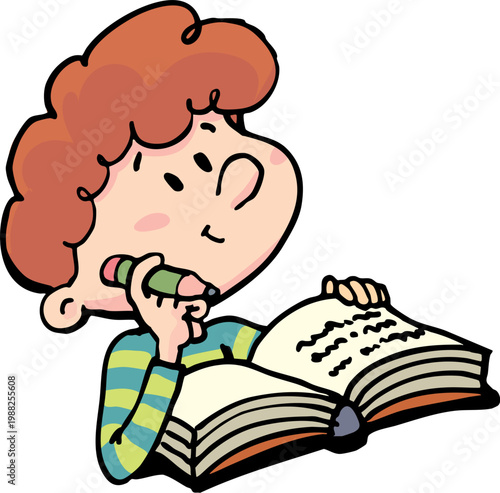 boy thinks and solves the task in the notebook