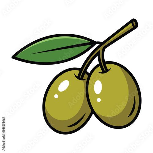 Two green olives with leaf on stem cartoon style isolated on white background food illustration