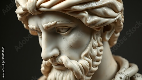 statesman. A marble bust of a Roman statesman with carved folds of toga. event programs, museum guides, designed for cultural heritage projects and event programs.