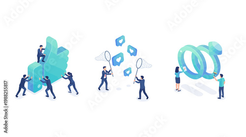 Isometric illustrations of social media engagement concepts with various objects and people