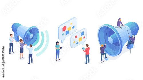 Isometric illustration business team and megaphone communication concept