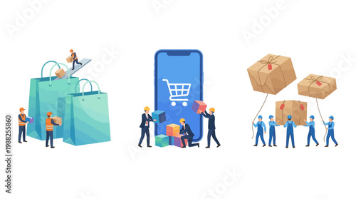 Online shopping and delivery concept illustration with miniature figures and mobile