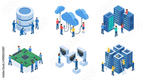 Isometric illustration of data center infrastructure with workers and technology