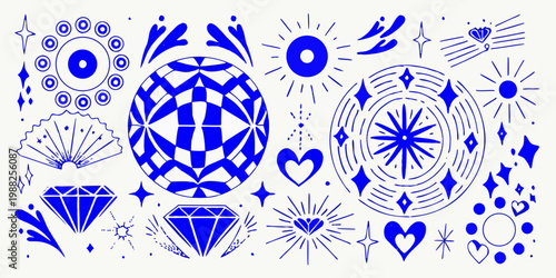 Blue and white abstract doodle illustration with eggs diamonds and stars