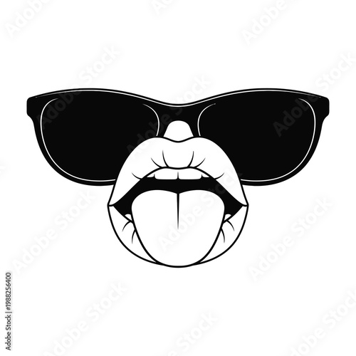Black and white illustration of lips wearing sunglasses with tongue out expressing fun and coolness