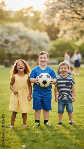 Boy with Down syndrome and his diverse friends laughing in park with soccer ball. Vertical portrait of inclusive childhood friendship and outdoor activity