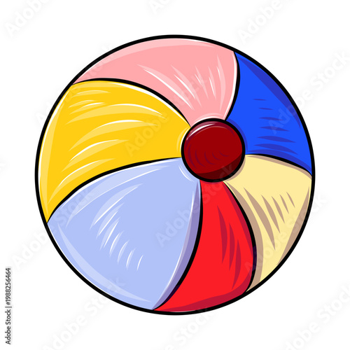 Vector color hand-drawn illustration of a multicolored beach ball, black line on a white background.