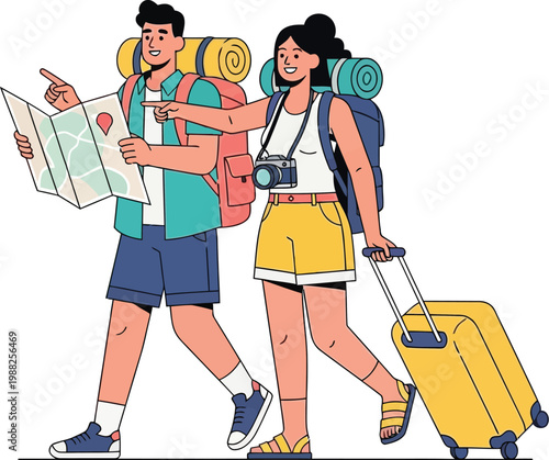 Travelers with backpacks consult a map while exploring a new destination.