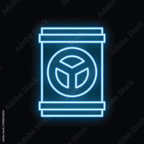 Blue neon glowing radioactive waste in container icon isolated on black background