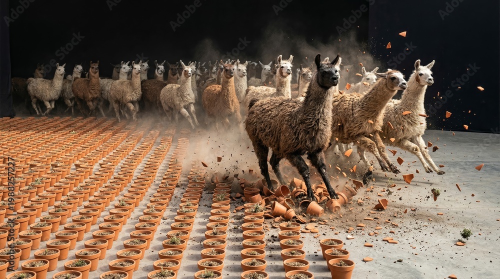 Naklejka premium Large herd of llamas stampeding through rows of terracotta pots, breaking them and creating a scene of destruction, illustrating concepts of chaos, disruption, and an unexpected event