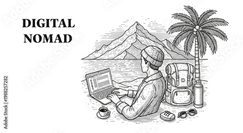 Digital nomad working remotely on a laptop near the ocean with mountains