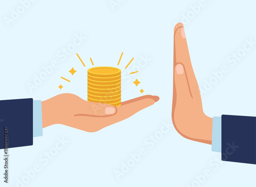 Businessman rejecting a bribe of gold coins with a stop hand gesture representing anti-corruption, financial integrity, and ethical business practices, Bribe Rejection, Financial Integrity