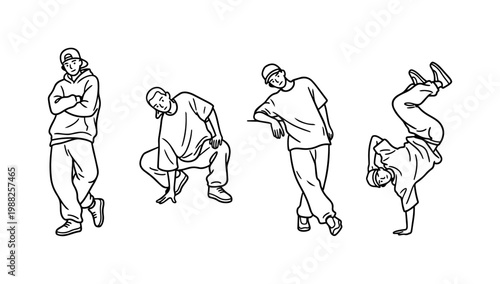 Street dance and hip hop movement poses showing freestyle body actions illustrated in dynamic line illustration style for urban culture and performance design