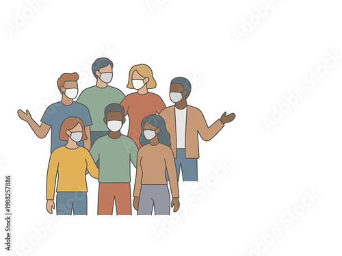 Diverse group wearing face masks in minimalist setting representing health safety and community protection