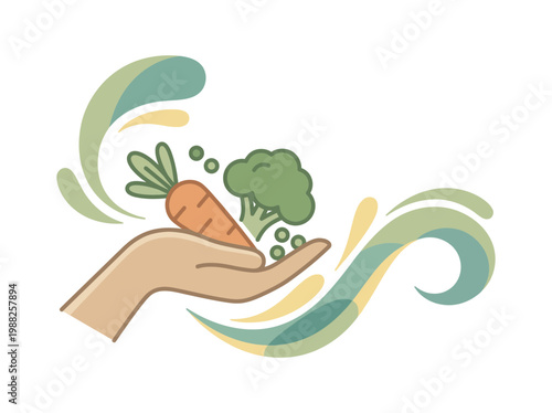 Hand holding carrot and broccoli with abstract colorful waves for healthy organic food concept