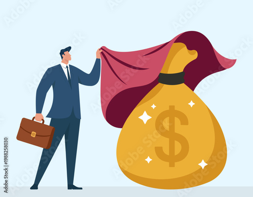 Businessman with a briefcase unveiling a giant money bag from under a red cloth, illustrating hidden wealth discovery and financial success, Unveiling Wealth, Hidden Financial Assets