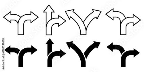 Road  1 one, 2 two, 3 three way direction arrow sign set. Turn arrow navigation sign. Traffic route. Vector illustration. GPS element symbol template. Road signs icon collection.