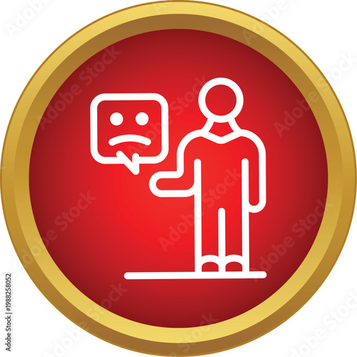 Person standing with bubble reflecting disapproval, representing customer complaint