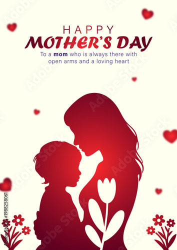 Mother's day card with silhouette of mom and child hugging, Happy mother's day greeting with red hearts and flowers, Silhouette of mother and son with tulip flower and hearts, Minimalist mother's day 
