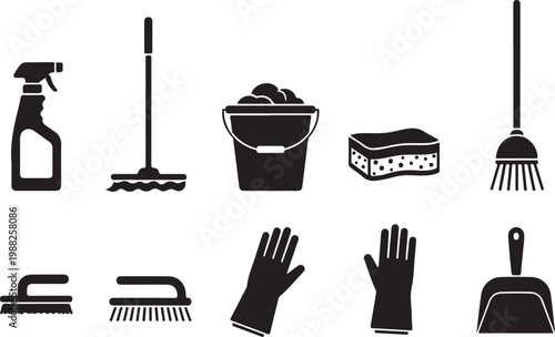 Cleaning service icons set featuring spray bottle mop bucket sponge broom brush gloves and dustpan.