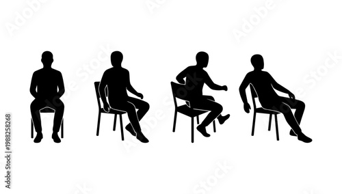 Sitting posture variations on chair showing relaxed and attentive poses illustrated in clean silhouette line illustration style for workplace ergonomics and behavior study