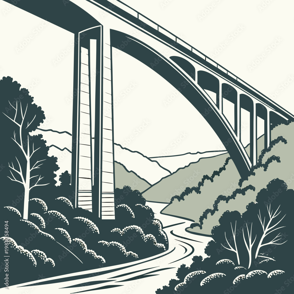Fototapeta premium Illustration of a large bridge over a winding road in a natural landscape with trees and hills