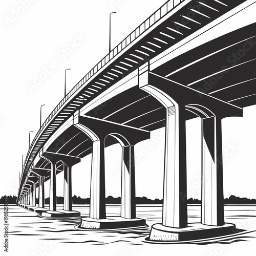 Black and white illustration of a long bridge over water with multiple pillars and streetlights