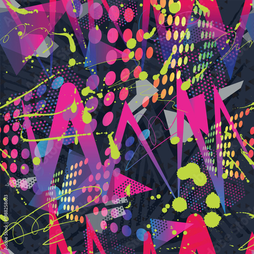 Abstract neon chaotic seamless pattern . Creative vector background with dots, geometric figures,stripes inscriptions. Modern, grunge , Colorful wallpaper for textile and fabric. Fashion style. 
