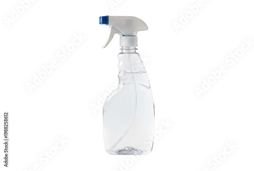 Clear plastic spray bottle with blue trigger and liquid inside.