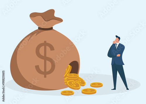 Pensive businessman looking at a giant leaking money bag spilling gold coins, representing financial loss and bad investments, Financial Leakage, Budget Deficit, Wealth Depreciation, Investment Loss