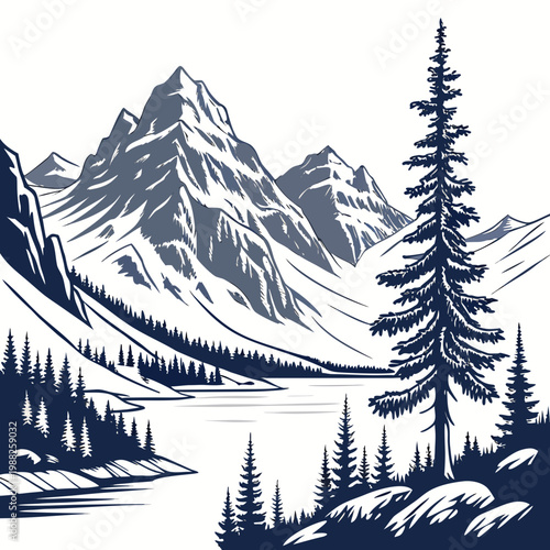 A serene mountain landscape with a majestic pine tree standing tall in the foreground, surrounded by a tranquil lake and snowcapped mountains in the background