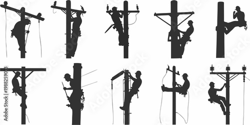 Silhouettes of linemen working on utility poles against a white background